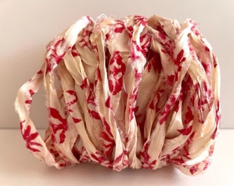 Recycled Sari Silk Ribbon - Silk Sari Ribbon - Antique White With Red Flower Print, 12 Yards THIN Silk