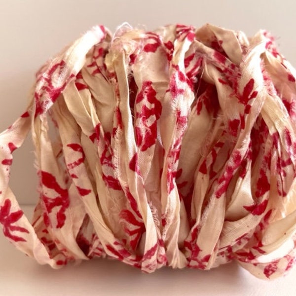 Recycled Sari Silk Ribbon - Silk Sari Ribbon - Antique White With Red Flower Print, 12 Yards THIN Silk