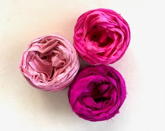 Sari Silk Ribbon - Recycled Silk Sari Ribbon - Pink Ombre, Hot Pink, Dark Pink, 5 Yds Each, 15 Yds Total