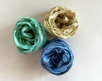 15 Yds Recycled Sari Silk Ribbon - Sari Silk Ribbon Yardage - Aqua, Butter & Blue, 5 Yds Each, Sari Silk Fiber