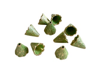 Small Tassel Bead Caps - 10 pc Gold Pewter With Green Patina Bead Caps - 10mm x 12mm Bead Caps