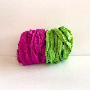 Silk Sari Ribbon Recycled Sari Silk Ribbon Dark Pink and Lime Green, 5 Yards Each, 10 Yards Total image 1