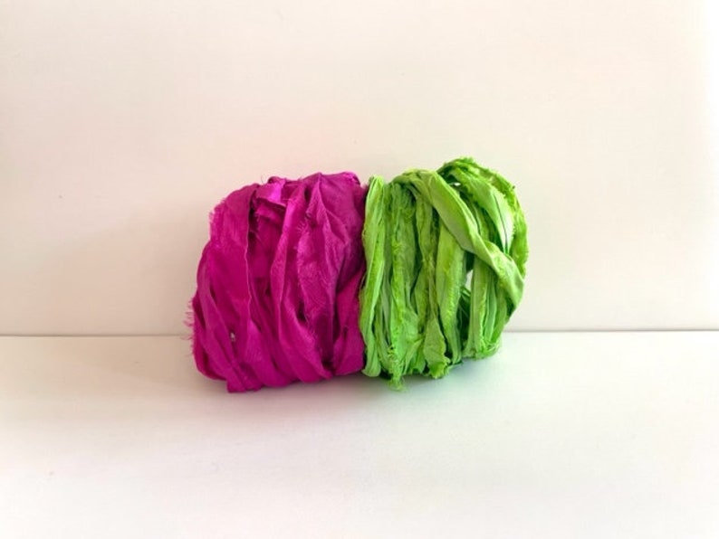 Silk Sari Ribbon Recycled Sari Silk Ribbon Dark Pink and Lime Green, 5 Yards Each, 10 Yards Total image 1