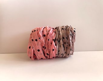 10 Yards Sari Silk Ribbon - Recycled Silk  Sari Ribbon - Warm Pink Dot & Mushroom Dot, 5 Yards Each