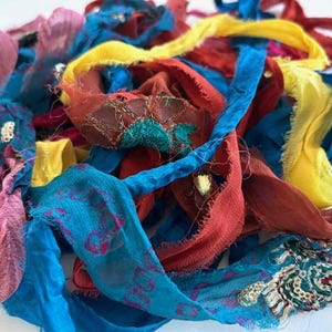 Printed/Solid Chiffon Silk Sari Ribbon - Recycled Sari Silk Chiffon Ribbon - Multi Sari Ribbon - 10 Yards Silk Ribbon