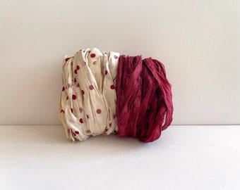 Sari-Seidenband Meterware - Recyceltes Sari-Seidenband - Dunkelroter Punkt & Dunkelrot, 5 Meter pro Stück, 10 Meter insgesamt
