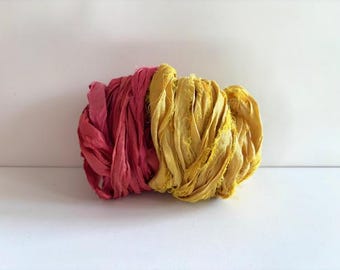 Seiden-Sari-Band - Recycelte Sari-Seidenband - Wassermelone & Goldrute, je 5 Meter, insgesamt 10 Meter
