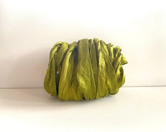 10 Yards Sari Silk Ribbon - Recycled Sari Silk Ribbon - Bright Olive Green Sari Ribbon