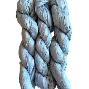 May include: Three skeins of light blue ribbon yarn arranged vertically. The yarn has a crinkled, matte texture with visible frayed edges along the strands. The color is a consistent pale sky blue throughout the entire length of the material.