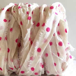 Recycled Sari Silk Ribbon - Silk Sari Ribbon - Antique White With Pink Dots, 10 Yards