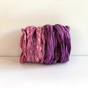 10 Yards Sari Silk Ribbon - Recycled Sari Silk Ribbon - Fuchsia & Plum, 5 Yards Each Color