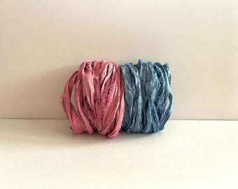 Recycled Sari Silk Ribbon - Sari Silk Ribbon Yardage - Fuchsia Pink & Blue, 5 Yds Each, 10 Yds Total