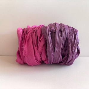 Recycled Sari Silk Ribbon - Sari Silk Ribbon Yardage, Fuchsia & Light Plum - 5 Yds Each, 10 Yds Total