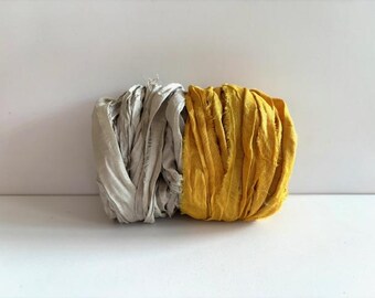 Sari Silk Ribbon - Recycled Silk Sari Ribbon - Gray and Mustard, 5 Yds Each, 10 Yds Total