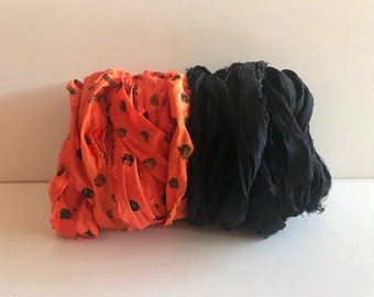 10 Yds Sari Silk Ribbon -  Recycled Sari Silk Ribbon - Orange Dot & Black, 5 Yds Each Color