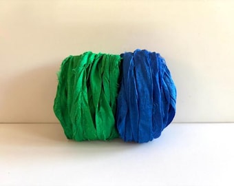 10 Yards Sari Silk Ribbon - Recycled Sari Silk Ribbon - Kelly Green & Royal Blue, 5 Yards Each Color