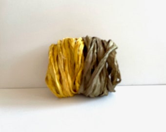 10 Yards Sari Ribbon -  Recycled Sari Silk Ribbon - Goldenrod & Dark Olive, 5 Yards Each