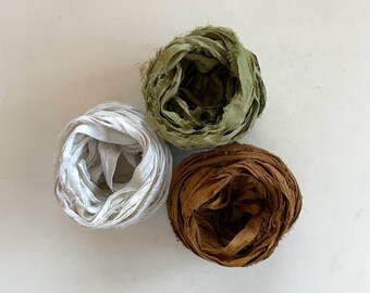 Recycled Sari Silk Ribbon - Sari Silk Ribbon - White, Olive & Brown, 5 Yds Each, 15 Yds Total