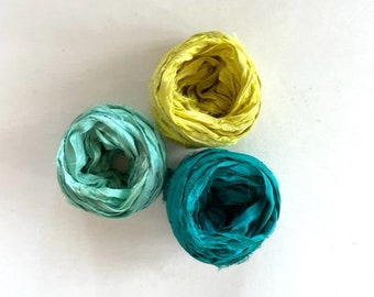 Recycled Sari Silk Ribbon -  Sari Silk Ribbon Yardage - Aqua, Yellow & Teal, 5 Yds Each, 15 Yds Total