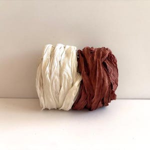 10 Yards Sari Silk Ribbon - Recycled Sari Silk Ribbon - Antique White & Brown, 5 Yards Each Color