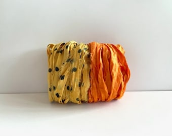 Sari Silk Ribbon Yardage - Recycled Sari Silk Ribbon - Goldenrod Dot & Orange, 5 Yds Each, 10 Yds Total