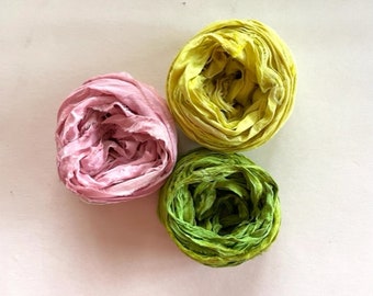 Recycled Sari Silk Ribbon -  Sari Silk Ribbon Yardage - Pink, Yellow & Leaf, 5 Yds Each, 15 Yds Total