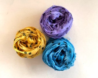Recycled Silk Sari Ribbon - Sari Silk Ribbon Yardage - Goldenrod, Orchid, Blue Dot, 5 Yds Each Color, 15 Yds Total