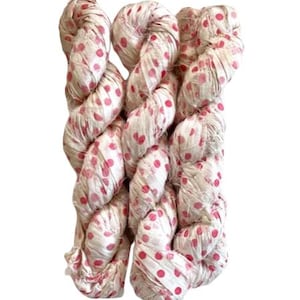 100 Gram Recycled Sari Silk Ribbon -  Sari Silk Ribbon Skein - Pink Dot, 40-50 Yards Dotted Silk Ribbon