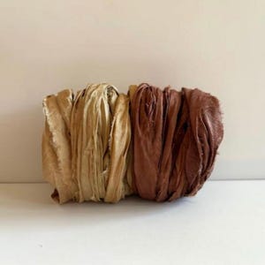 Silk Sari Ribbon - Recycled Sari Silk Ribbon - Khaki and Brown, 5 Yds Each, 10 Yds Total Journaling Ribbon
