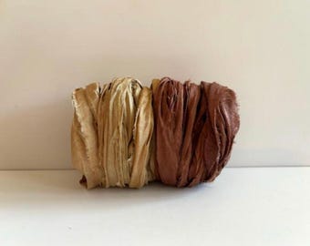 Silk Sari Ribbon - Recycled Sari Silk Ribbon - Khaki and Brown, 5 Yds Each, 10 Yds Total Journaling Ribbon