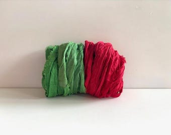 10 Yards Sari Silk Ribbon - Recycled Sari Silk Ribbon - Red & Green, 5 Yards Each Color