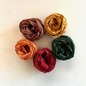 Campionatore di seta sari a 5 colori - Nastro di seta sari riciclata - 5 colori autunnali, 2 iarde ciascuno, 10 iarde totali