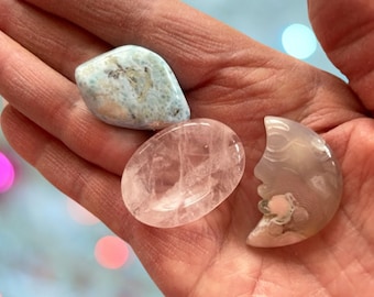 Meditation, Soothing Stones - (3) Healing Crystals - Flower Agate, Larimar, Rose Quartz Gemstones