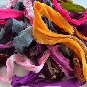 Multi Chiffon Silk Sari Ribbon - Recycled Sari Silk Chiffon Ribbon - Multi Sari Ribbon-10 Yards Silk Ribbon