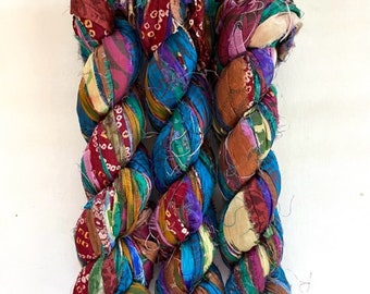 100 Gram Recycled Sari Silk Ribbon -  Sari Silk Ribbon Skein - Multi Printed, 40-50 Yards Silk Ribbon