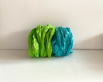 10 Yards Sari Silk Ribbon - Recycled Sari Silk Ribbon - Lime & Turquoise, 5 Yards Each Color