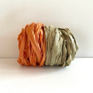 10 Yards Sari Silk Ribbon - Recycled Sari Silk Ribbon - Terra Cotta and Sage, 5 Yards Each Color