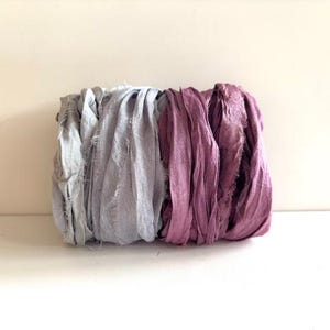 Recycled Silk Sari Ribbon - Light Blue & Light Plum Sari Silk, 5 Yds Each, 10 Yds Total, Journaling Ribbon