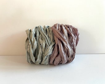 10 Yards Silk Sari Ribbon - Recycled Sari Silk Ribbon - Blue Gray & Mushroom, 5 Yards Each