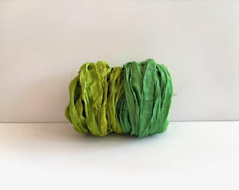 10 Yards Sari Silk Ribbon - Recycled Sari Silk Ribbon - Leaf & Green, 5 Yards Each Color