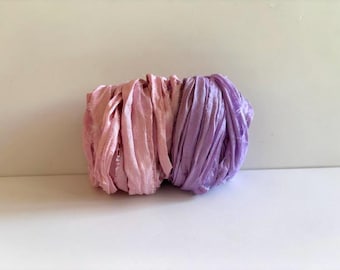 Ruban de soie sari 10 mètres - Ruban de soie sari recyclé - Rose et orchidée, 5 mètres chaque couleur