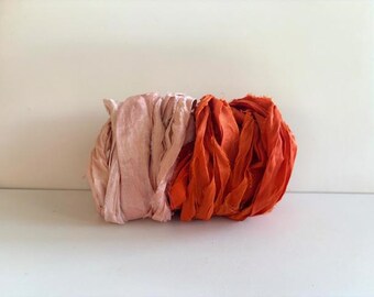 Sari Silk Ribbon - Recycled Sari Ribbon Scraps - Peach & Orange, 5 Yds Each, 10 Yds  Total