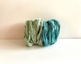 10 Yards Sari Silk Ribbon - Recycled Sari Silk Ribbon - Light Mint & Light Teal, 5 Yards Each Color