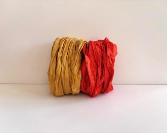 10 Yards Sari Silk Ribbon - Recycled Sari Silk Ribbon - Gold & Orange, 5 Yards Each Color