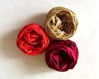 Recycled Sari Silk Ribbon - Silk Sari Ribbon - Orange, Khaki, Dark Red - 5 Yards Each, 15 Yards Total