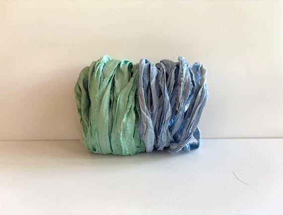 Sari Silk Ribbon - Recycled Sari Silk Ribbon - Seafoam & Blue, 5 Yds Each, 10 Yds Total, Weaving Ribbon
