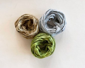 Sari Silk Ribbon - Recycled Silk Sari Ribbon - Khaki, Blue Gray, Leaf Green, 5 Yds Each, 15 Yds Total