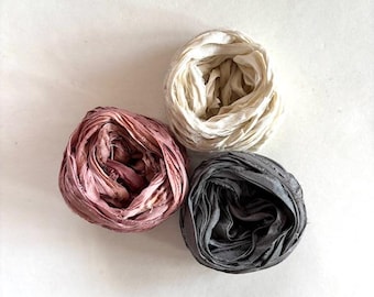 Sari Silk Ribbon - Recycled Silk Sari Ribbon - Mauve, Antique White, Charcoal, 5 Yds Each, 15 Yds Total