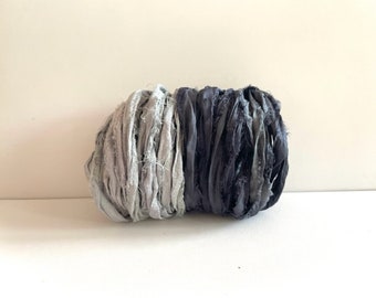 Sari Silk Yardage - Recycled Silk Silk Ribbon - Blue Gray & Charcoal, 5 Yds Each, 10 Yds Total
