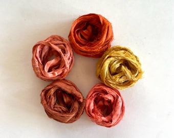 5 Color Sari Silk Sampler - Recycled Silk Sari Ribbon - Shades Of Orange Colors, 2 Yds Each, 10 Yds Total Journaling Ribbon
